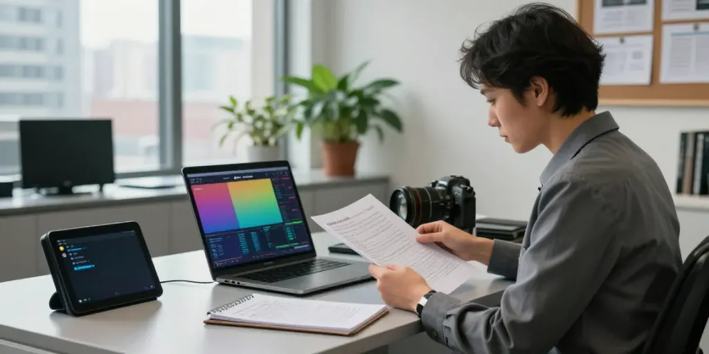 Private investigator reviewing evidence in a modern urban office.