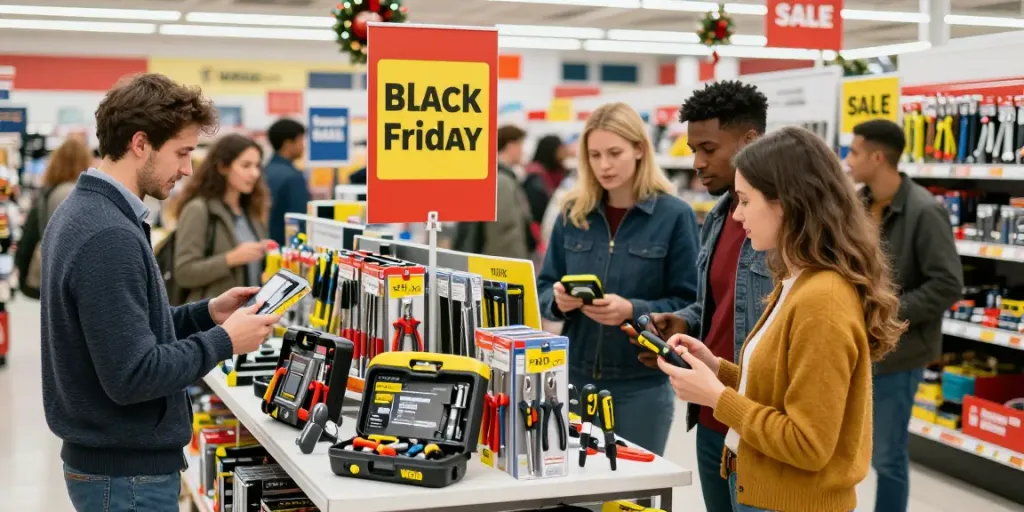 Ofertas del Black Friday Wera con compradores emocionados en una tienda de herramientas.